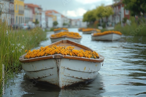 A row boat filled with bright yellow flowers floating on a calm river photo