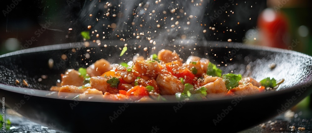 Steaming hot stir-fry in a wok with sesame seeds. Steaming hot stir-fry in a wok with sesame seeds.