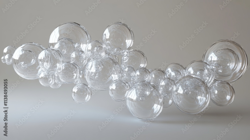 Abstract 3D render of floating liquid transparent bubbles that collide with each other over grey background Abstract 3D render of floating liquid transparent bubbles that collide with each other over grey background