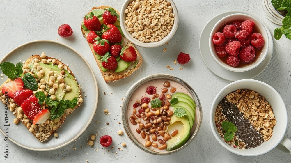 Healthy breakfast with avocado toast, berries, granola, and smoothie bowls. Healthy breakfast with avocado toast, berries, granola, and smoothie bowls.