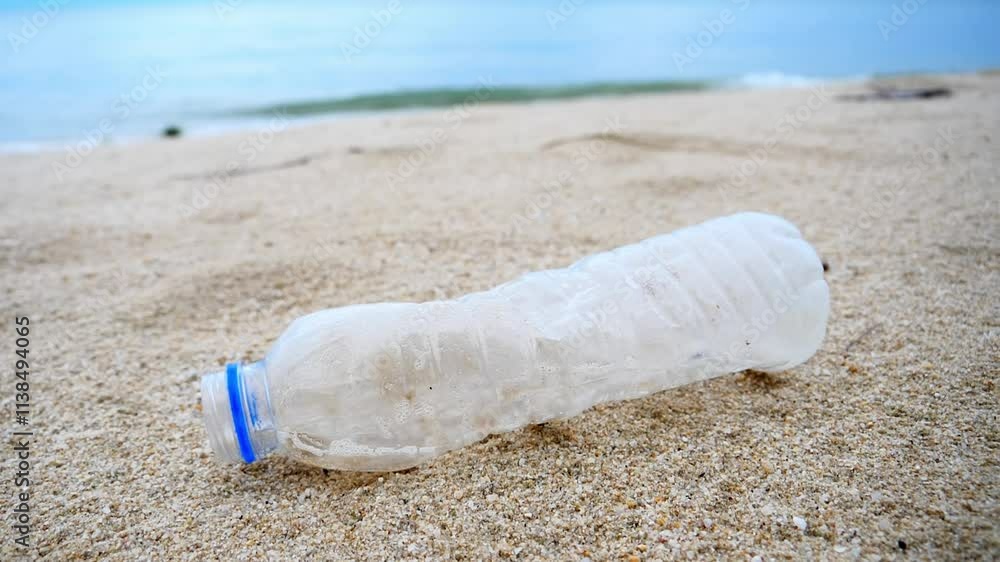 Plastic Pollution: A discarded plastic water bottle lies abandoned on a sandy beach, a stark reminder of the environmental impact of our disposable lifestyles. Plastic Pollution: A discarded plastic water bottle lies abandoned on a sandy beach, a stark reminder of the environmental impact of our disposable lifestyles.