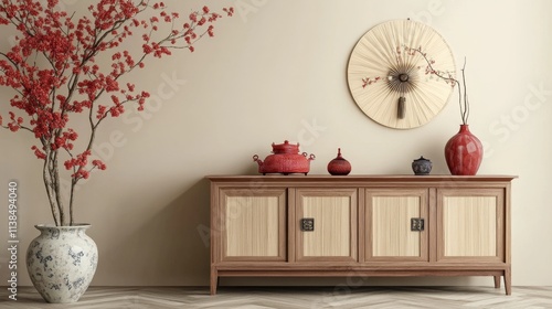 Wooden cabinet with decorations for Chinese New Year celebration in living room photo