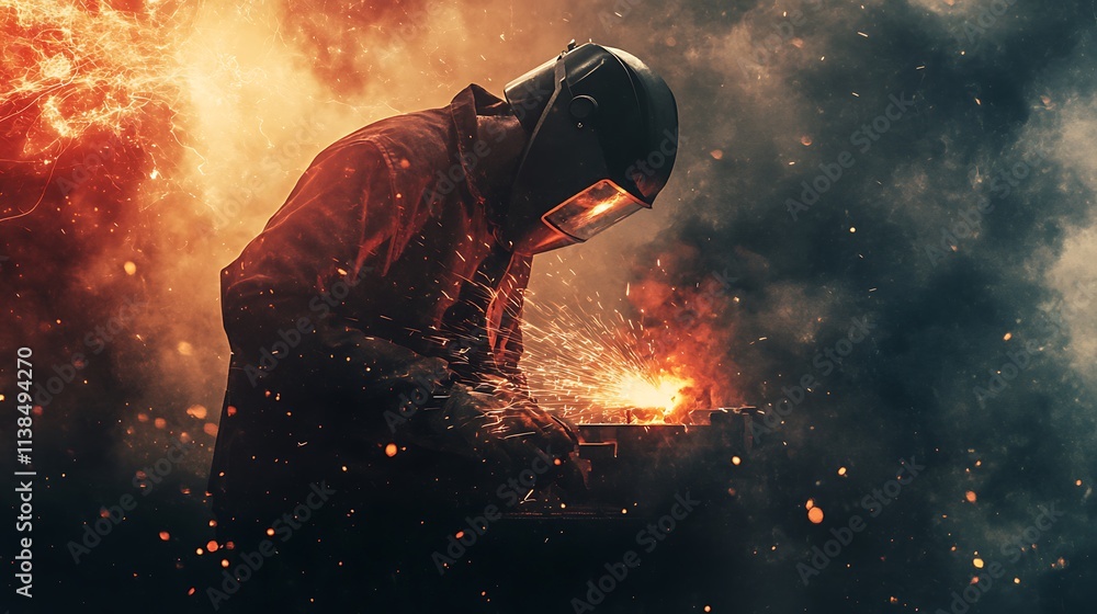 Industrial worker is welding steel in a factory using an arc welding machine Industrial worker is welding steel in a factory using an arc welding machine