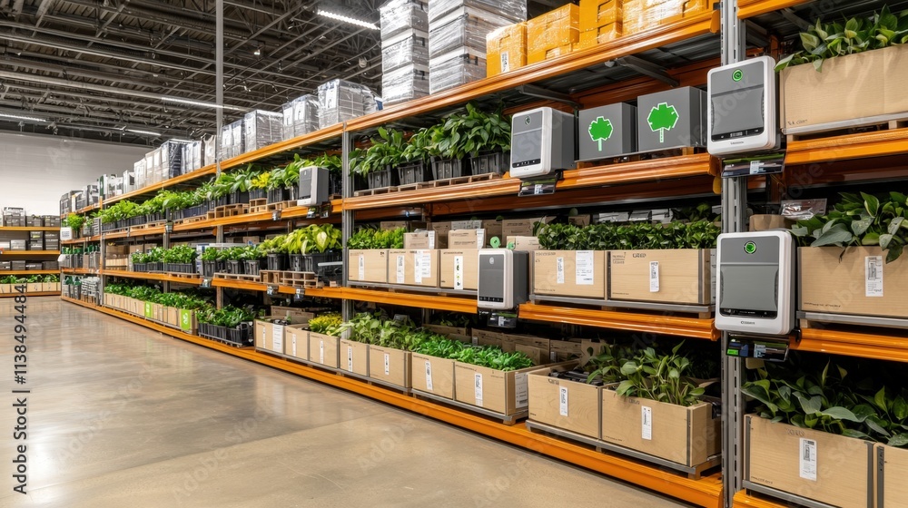 Naklejka premium Energy consumption and electricity data, A spacious indoor plant nursery with organized shelves displaying various potted plants and greenery in boxes.