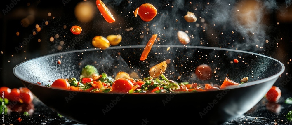 Wok of colorful vegetables tossed in air, steaming hot, vibrant colors. Wok of colorful vegetables tossed in air, steaming hot, vibrant colors.