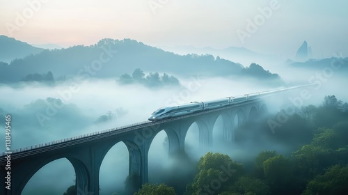 Wallpaper Mural A high-speed train crossing a bridge in a foggy landscape, with the bridge emerging from the mist and the train cutting through the quiet atmosphere Torontodigital.ca