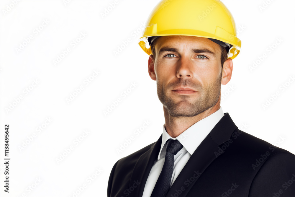 Manager in a business suit wearing a yellow safety helmet. Manager in a business suit wearing a yellow safety helmet.
