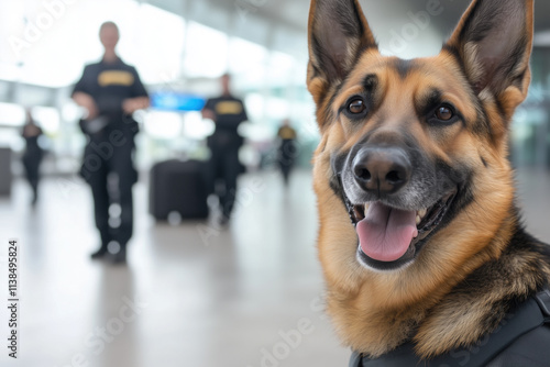 detection dog against the background of customs officers in an airport building photo