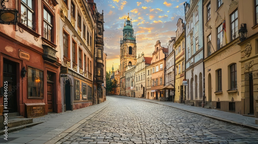 Obraz premium Scenic View of Historic Cobblestone Street with Colorful Buildings and Tower Against Beautiful Twilight Sky in Town Center