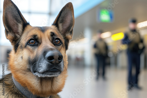 customs detection dog at the airport in front of the border guards. photo