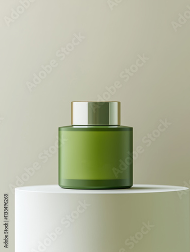 Green satinated jar, cosmetics, serence clean image.