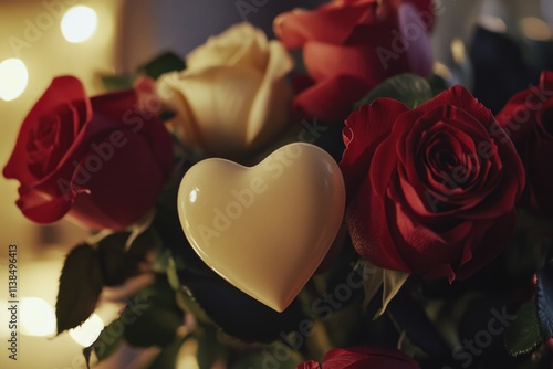 A decorative vase filled with fresh roses accompanied by a heart-shaped chocolate, perfect for romantic gestures or Valentine's Day decor photo