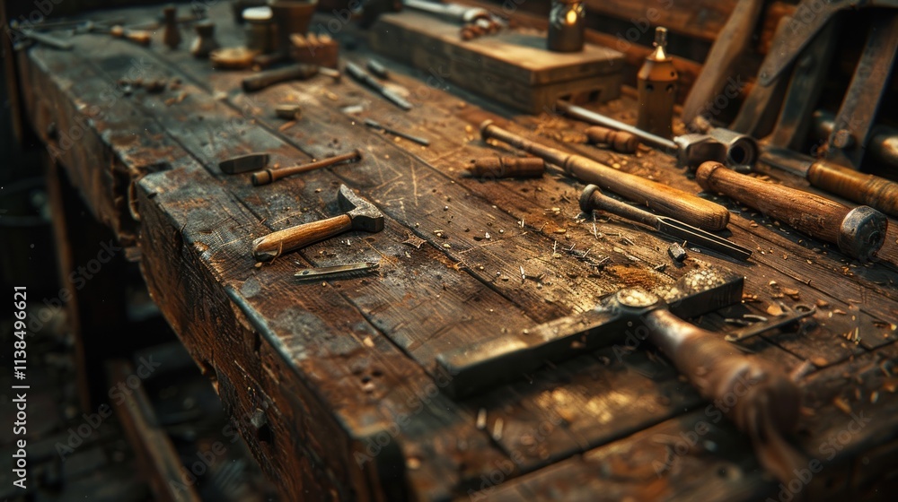 Old wooden workbench with various tools and wood shavings. Old wooden workbench with various tools and wood shavings.