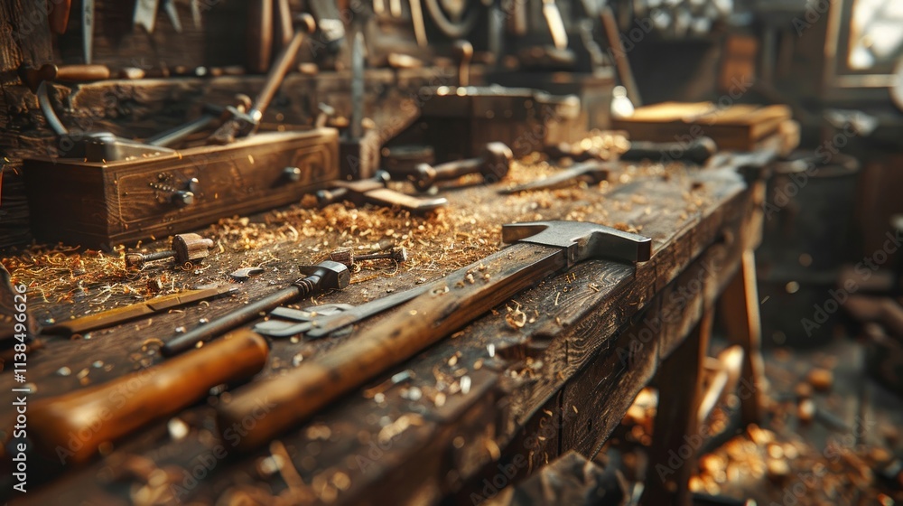 Old wooden workbench with hand tools and wood shavings. Old wooden workbench with hand tools and wood shavings.