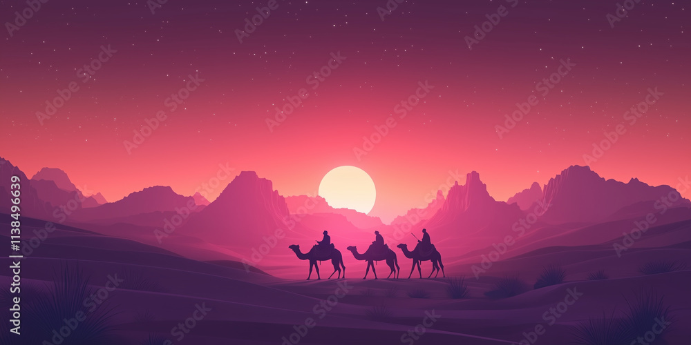 Naklejka premium Illustration of Three Wise Men Traveling Through the Desert, Following the Star of Bethlehem. Night of the Three Wise Men. Day of the Three Wise Men. Nativity Scene