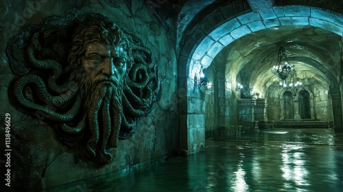 Intricate Stone Relief of a Mythical Creature Surrounded by Mysterious Flooded Underground Chambers with Chilling Lighting Effects and Architectural Details