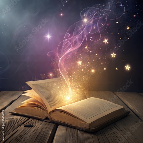 A book is open to a page with a star on it. The book is on a wooden table