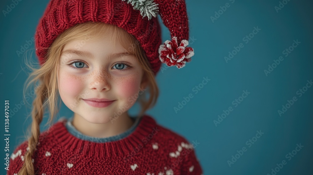 Young child dressed in winter clothing, with bright red hat and matching sweater Young child dressed in winter clothing, with bright red hat and matching sweater