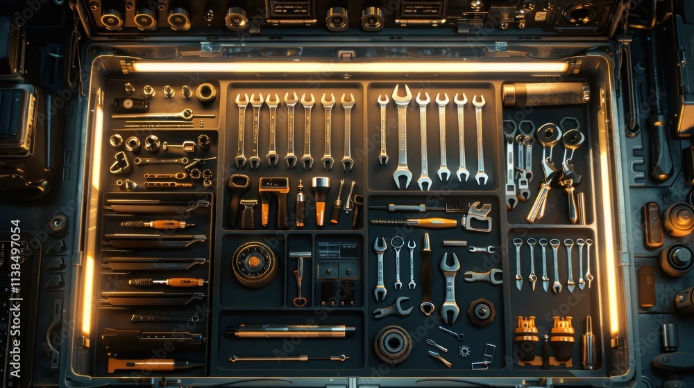 Organized toolbox with various hand tools illuminated. Organized toolbox with various hand tools illuminated.