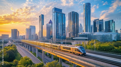 A high-speed train crossing a bridge with a dynamic city skyline of glass buildings, creating a beautiful contrast against the open sky