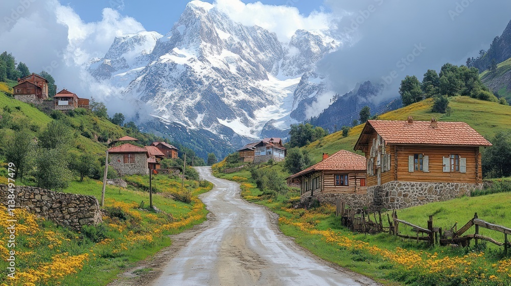 Obraz premium Scenic mountain landscape with houses and a winding road surrounded by greenery and flowers.