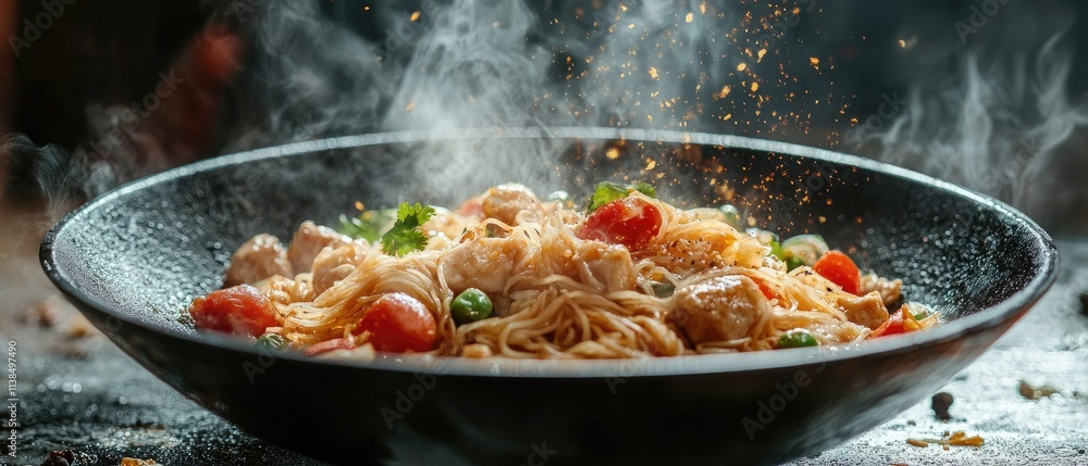 Steaming hot pasta dish with chicken, tomatoes, and peas in a black bowl. Steaming hot pasta dish with chicken, tomatoes, and peas in a black bowl.