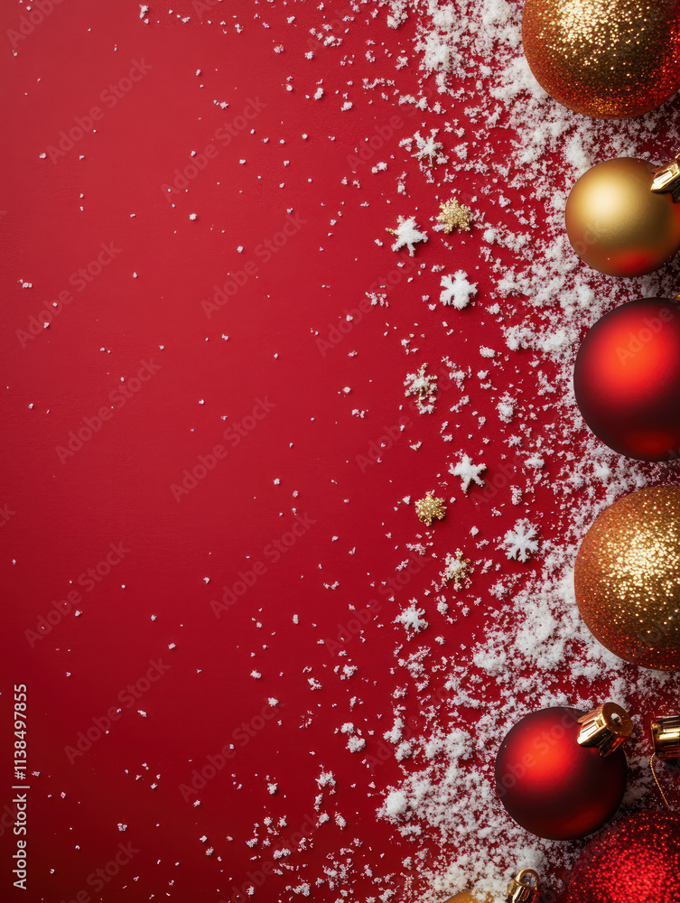 Shiny Red and Gold Christmas Border with Decorative Ornaments and Snowflakes on a Festive Red Background for Holiday Decoration Shiny Red and Gold Christmas Border with Decorative Ornaments and Snowflakes on a Festive Red Background for Holiday Decoration