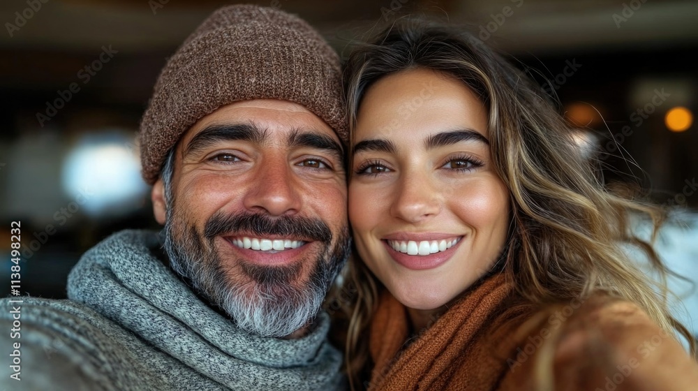 A young couple smiling and taking a selfie together A young couple smiling and taking a selfie together