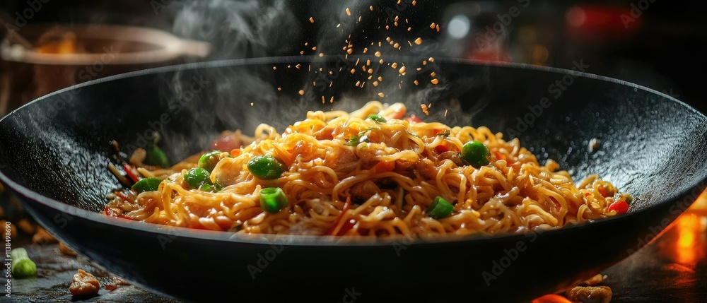 Steaming hot noodles with vegetables in a wok. Steaming hot noodles with vegetables in a wok.