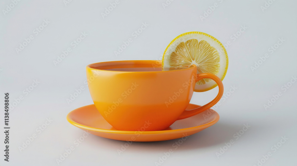 close-up, orange cup of tea with a slice of lemon, on a light white background close-up, orange cup of tea with a slice of lemon, on a light white background