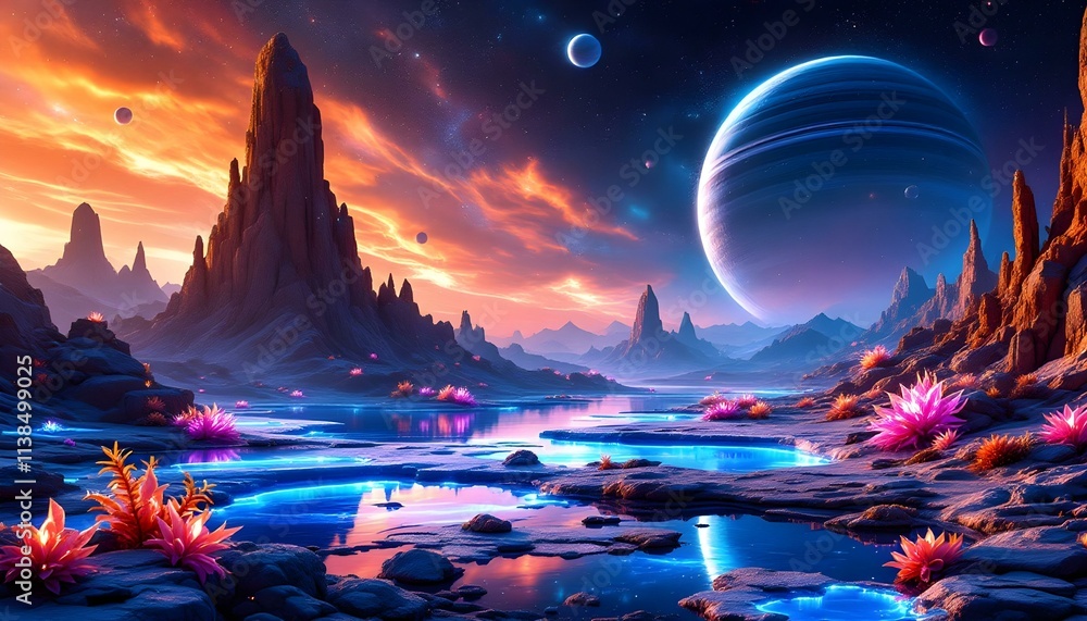 Obraz premium Celestial Twilight: Bioluminescent Flora and Twin Moons Over an Alien World