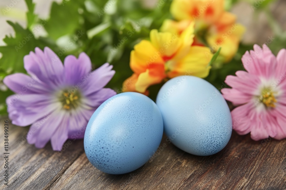 Two blue eggs sit on a wooden table, ready for display or use in various settings Two blue eggs sit on a wooden table, ready for display or use in various settings