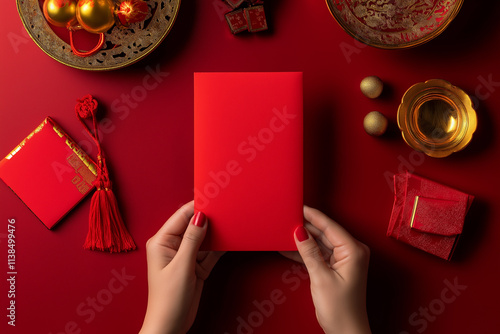 A person holding a red card with a gold rim. The card is on a red table with other red items