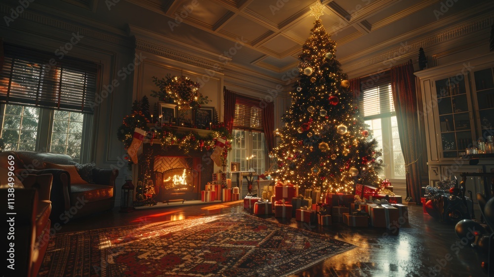 Christmas morning in a luxurious living room with a large decorated tree, fireplace, and presents. Christmas morning in a luxurious living room with a large decorated tree, fireplace, and presents.