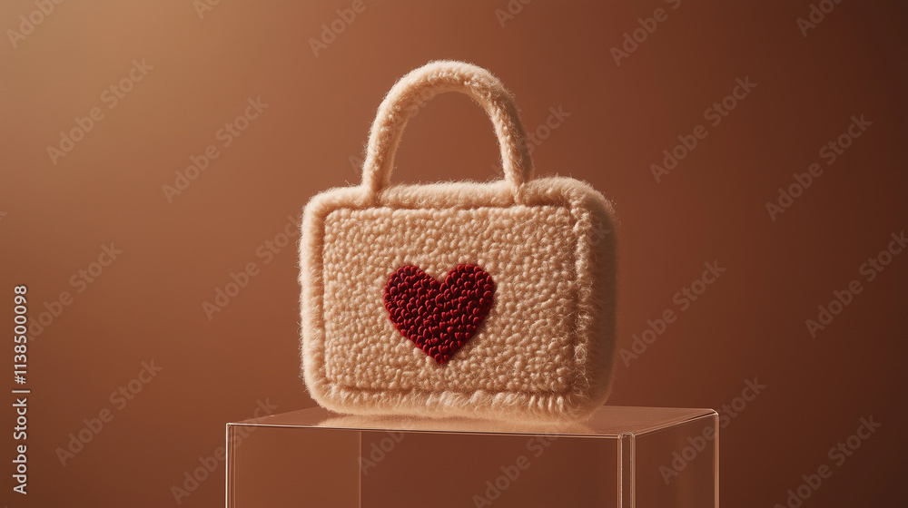 short furry bag with red heart in the center standing on transparent acrylic podium on mocha mousse color palette short furry bag with red heart in the center standing on transparent acrylic podium on mocha mousse color palette