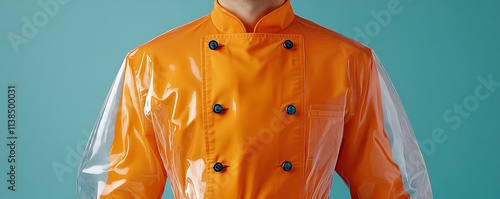 Bright orange chef uniform mockup featuring a clear coatee and toque for culinary visuals photo