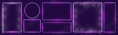 Neon banner vector collection featuring glowing purple neon shapes including hexagon, rectangle, triangle, circle, heart, and other frames on dark transparent background.