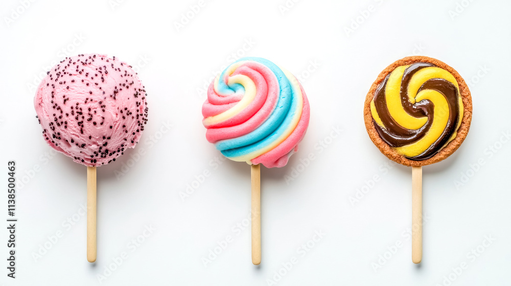 Ice cream, swirl lollipop and cookie pops lying on white background Ice cream, swirl lollipop and cookie pops lying on white background