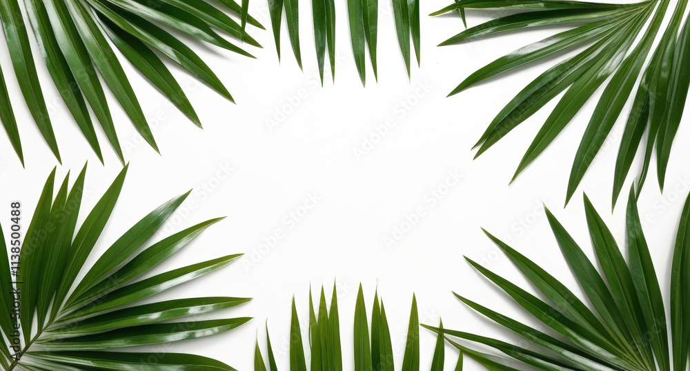 Fresh green palm leaves are carefully arranged on a white background, forming a symmetrical frame. This natural setup is perfect for creative projects, presentation, text Fresh green palm leaves are carefully arranged on a white background, forming a symmetrical frame. This natural setup is perfect for creative projects, presentation, text