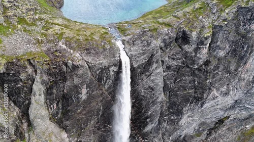 Aerial shot of Mardalsfossen in Norway. Big waterfall in Norway. 4K.