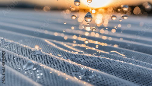 Close-up of water droplets on nonwoven fabric made of perforated spunbond synthetic fibre. moisture-resistant material that supports cooling and reflects heat. 3D vectors. can make industrial fabric a photo