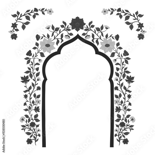 Mughal decorative arch ornamental floral. Vintage intricate traditional mughal style with flowers and foliage.