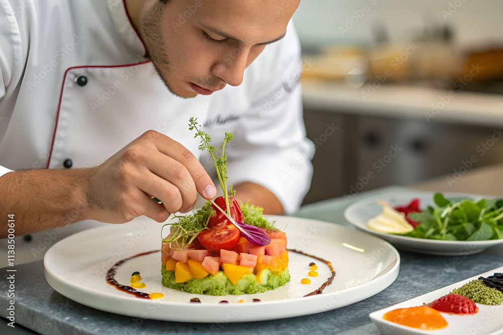A chef meticulously garnishes a colorful, artistic salad dish, showcasing culinary skill and creativity in a professional kitchen. A chef meticulously garnishes a colorful, artistic salad dish, showcasing culinary skill and creativity in a professional kitchen.