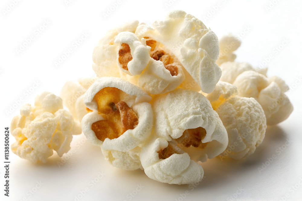 Crunchy, fluffy popcorn pieces scattered artistically on a white background, showcasing their buttery golden centers and light, airy texture. Crunchy, fluffy popcorn pieces scattered artistically on a white background, showcasing their buttery golden centers and light, airy texture.