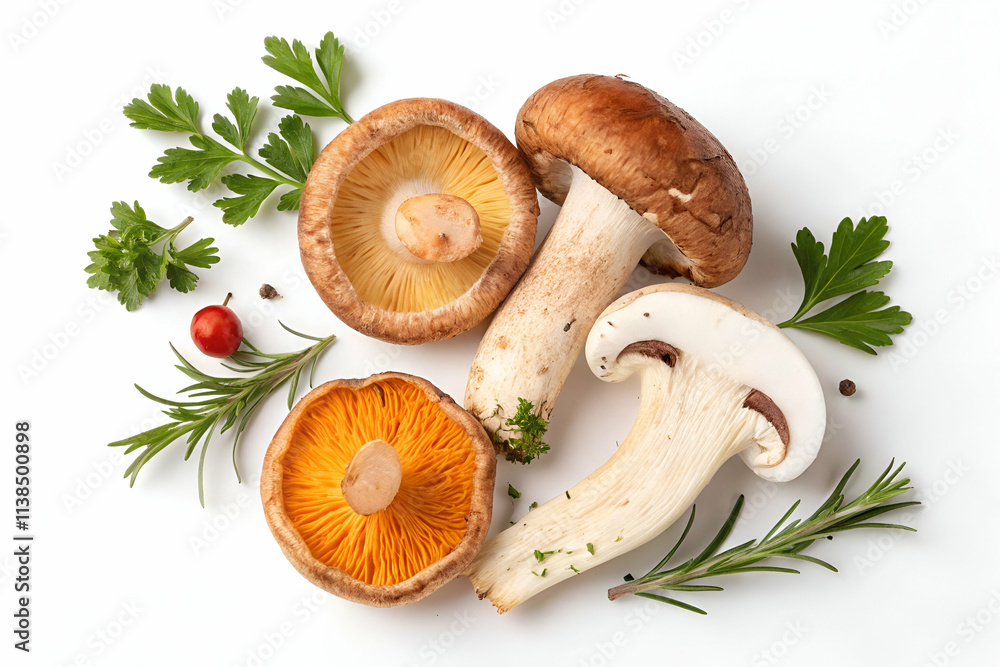 A colorful arrangement of various mushrooms and fresh herbs on a white background, showcasing their unique shapes and textures. A colorful arrangement of various mushrooms and fresh herbs on a white background, showcasing their unique shapes and textures.