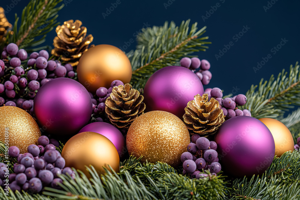 Christmas Decorations with Gold and Purple Baubles. A festive arrangement of glittery gold and purple baubles with golden pinecones, berries, and evergreen branches on a dark background.
Christmas Decorations with Gold and Purple Baubles. A festive arrangement of glittery gold and purple baubles with golden pinecones, berries, and evergreen branches on a dark background.