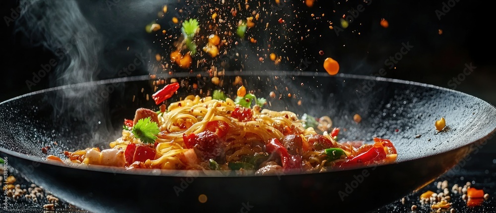 Steaming hot pasta dish with vegetables and spices in a wok. Steaming hot pasta dish with vegetables and spices in a wok.