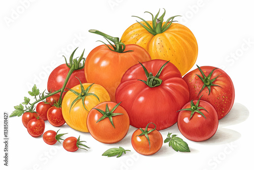 A vibrant collection of various tomatoes, showcasing different shapes, sizes, and colors, arranged artistically with green leaves.