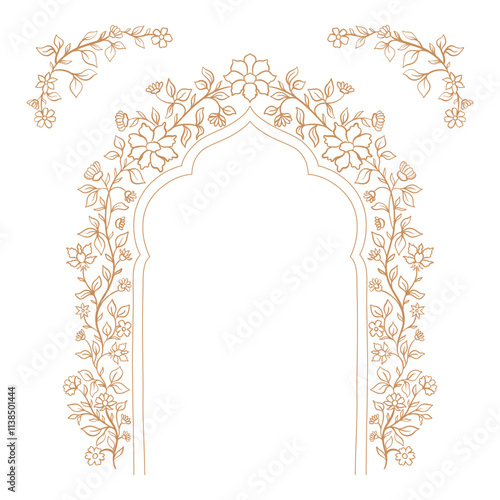 Mughal decorative arch ornamental floral. Vintage intricate traditional mughal style with flowers and foliage.