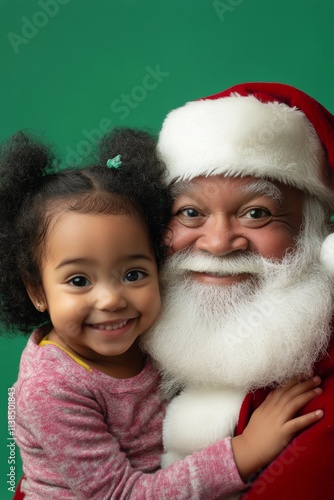 Isolated white baby girl in santaâ€™s knee on green background. Lively yule, gorgeous baby girl! copy space. Santa lap green. Kid and santa lap. Christmas santa claus theme. Cute kid with san. photo